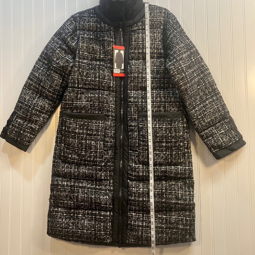Bernardo Womens Tweed Puffer Coat Black White Mixed Media Mid Length Parka M NEW - Picture 14 of 15